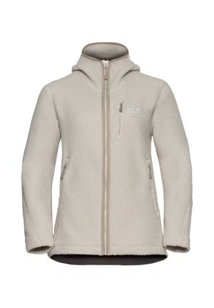 Veste en polaire beige clair avec fermeture éclair à l'avant, capuche et deux poches latérales. Caractéristiques d'un tissu texturé et d'un petit logo sur la poitrine.
