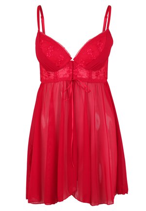 Red sheer nightdress featuring a floral embroidered bodice, adjustable straps, and a tie detail at the waist, with a flowing skirt.