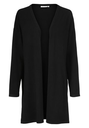 Sort åben-front cardigan lavet af blødt stof. Lange ærmer, V-hals design og en afslappet pasform, uden lukninger eller dekorationer.