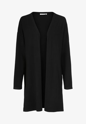 Schwarz offener Cardigan aus weichem Stoff. Lange Ärmel, V-Ausschnitt und eine lockere Passform, ohne Verschlüsse oder Verzierungen.