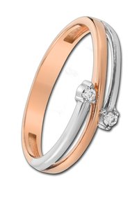 Bague ouverte en or rose bicolore et argent avec deux petites diamants ronds à chaque extrémité des bandes entrecroisées.