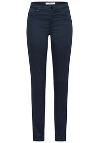 Jean bleu marine foncé en denim mélangé coton, avec une coupe droite, cinq poches et une fermeture à bouton sur le devant.