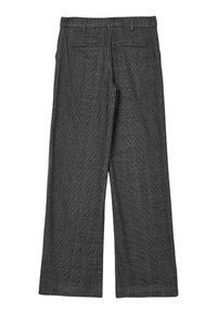 Pantaloni grigi a gamba larga con un motivo a scacchi testurizzato, dotati di una vita piatta e due tasche posteriori.