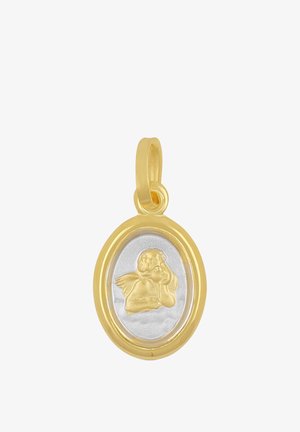 Ciondolo tono oro con al centro un ovale d'argento raffigurante un cherubino in rilievo testurizzato, incorniciato da un bordo e un anello lisci in oro.