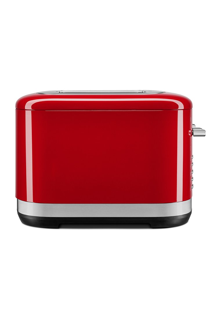 Roter Toaster mit glänzender Oberfläche, rechteckiger Form, Edelstahlakzenten und einem Drehregler an der Seite zur Einstellung des Bräunungsgrads.