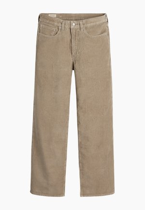 Corduroy pants in light brown, wide-leg design, featuring a button and zipper closure, five pockets, and a soft, ribbed texture.