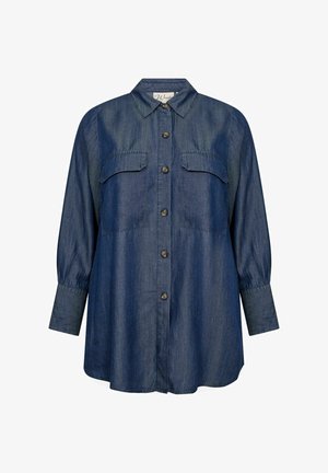 Koszula dżinsowa z guzikami z przodu, długimi bufkami, dwiema kieszeniami na piersi i klasycznym kołnierzykiem. Kolor: ciemnoniebieski.