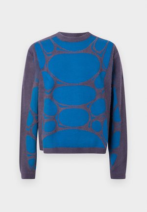 Lilla genser med lange ermer og store abstrakte blå ovale mønstre på foran og ermene, rund hals og en ledig passform.