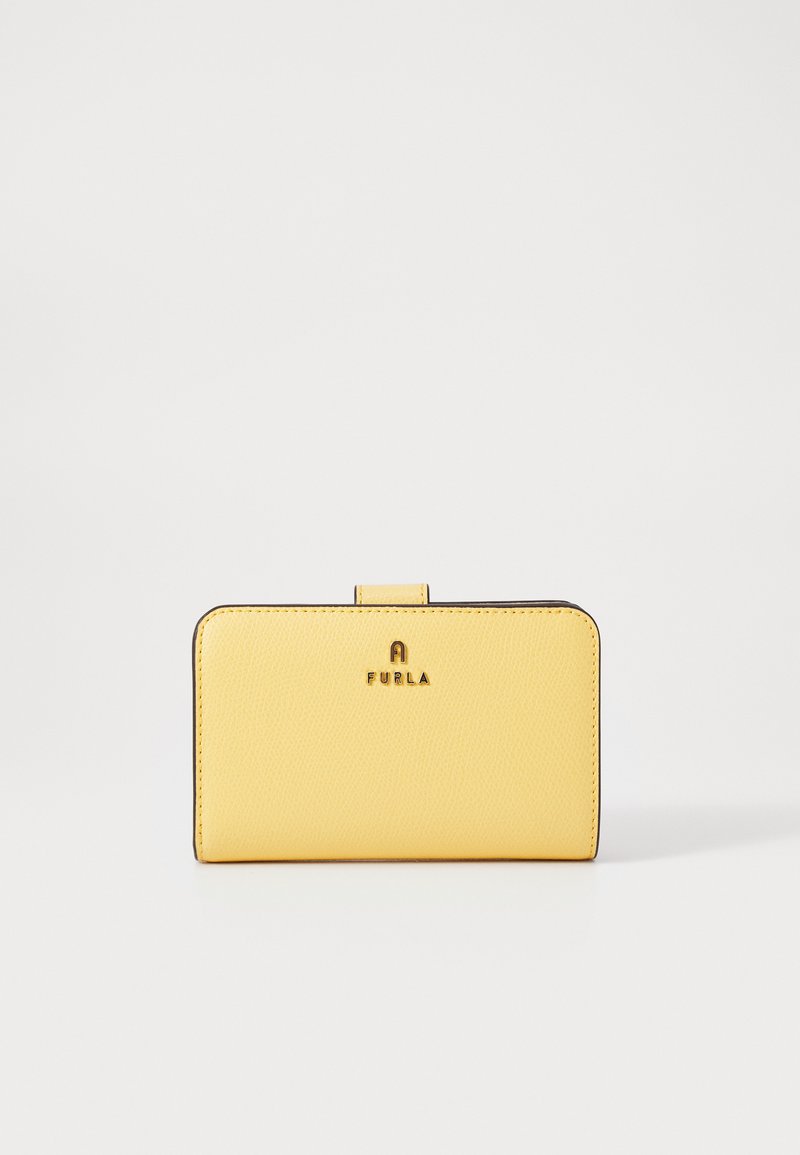 Yellow leather wallet with a textured surface, a clasp closure, and gold logo detail on the front. Edges feature dark contrast stitching.