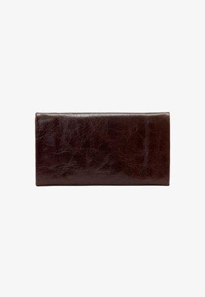 Dunkelbraune rechteckige Lederbrieftasche mit glatter, leicht strukturierter Oberfläche und kleinem, eingeprägtem Markennamen in der Mitte unten.