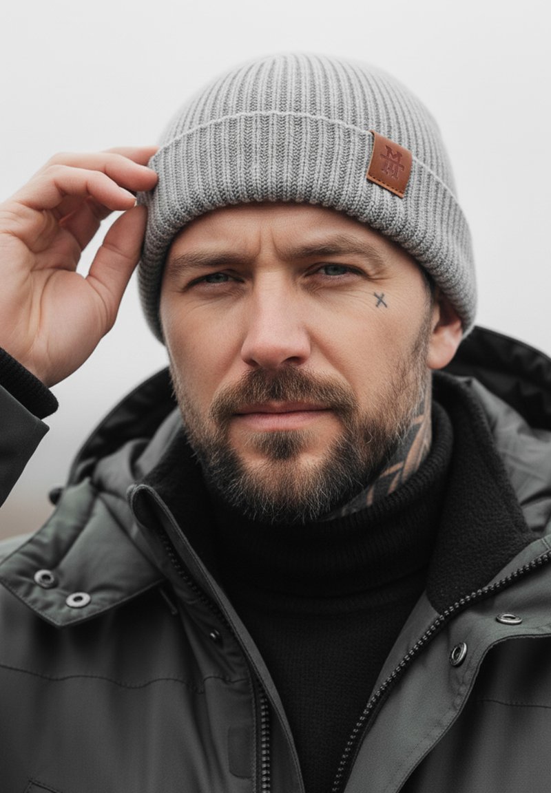 Gray knit beanie with a ribbed texture and brown leather patch. Worn by a person in a black jacket and sweater, with a neutral background.