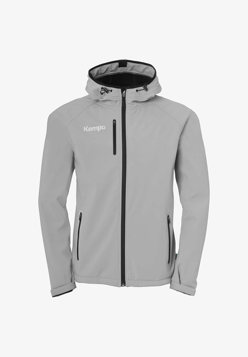 Veste softshell gris clair avec capuche, fermeture éclair à l'avant, deux poches latérales et accents noirs sur les fermetures éclair et les poignets. Présente le logo "Kempa".