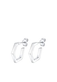 Pendientes aros hexagonales de plata, hechos de plata de ley 925, presentan un acabado pulido y cierre de botón, exhibiendo un diseño geométrico.