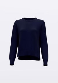 Maglione lavorato a maglia blu navy con scollo tondo, maniche lunghe, trama a coste e orlo leggermente corto. Nessun motivo o dettaglio metallico visibile.