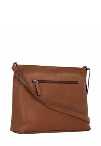 Borsa a tracolla in pelle marrone con superficie texturizzata, tasca con zip frontale e tracolla regolabile su sfondo bianco.
