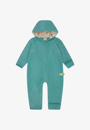 Türkiser Fleece-Overall mit Kapuze, Frontreißverschluss und elastischen Bündchen. Das Innenfutter zeigt ein leichtes Muster. Etikett ist an dem linken Bein sichtbar.