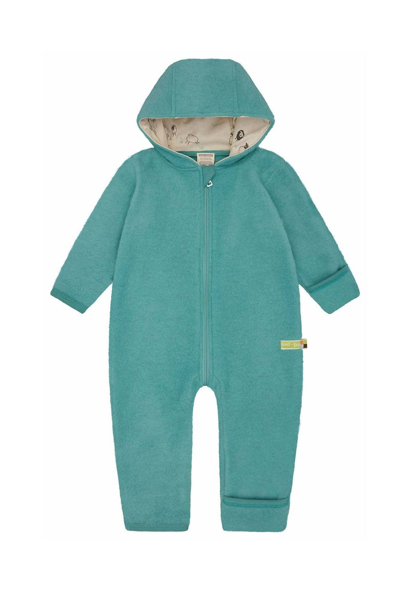 Turquoise fleece jumpsuit met een capuchon, een rits aan de voorkant en elastische boorden. Het interieur heeft een licht patroon. Label zichtbaar op het linkerbeen.