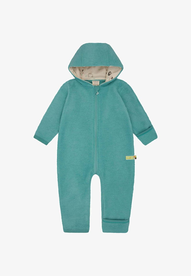 Turquoise fleece jumpsuit met een capuchon, een rits aan de voorkant en elastische boorden. Het interieur heeft een licht patroon. Label zichtbaar op het linkerbeen.
