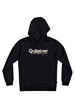Czarna bluza z kapturem i kieszenią z przodu, z białym logo "Quiksilver" na klatce piersiowej, przedstawiona na białym tle.