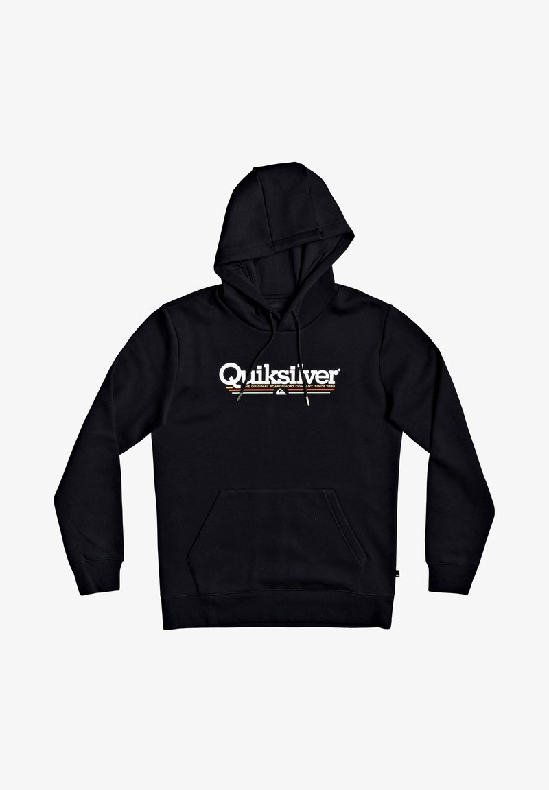 Sweat à capuche noir avec poche frontale et logo "Quiksilver" blanc sur la poitrine, présenté sur un fond blanc uni.