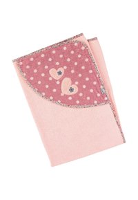Pink blanket with a soft texture, featuring a polka dot pattern and heart appliqués, outlined with a floral trim. Folded and compact design.