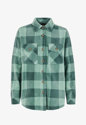 Green plaid flannel shirt featuring a button-up front, two chest pockets, and a collared neck. Soft texture with contrasting check patterns.