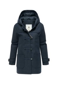 Mörkblå ullblandad kappa med huva, som har knapplåsning, två stora framfickor och knappar på ärmsluten. Slät textur.