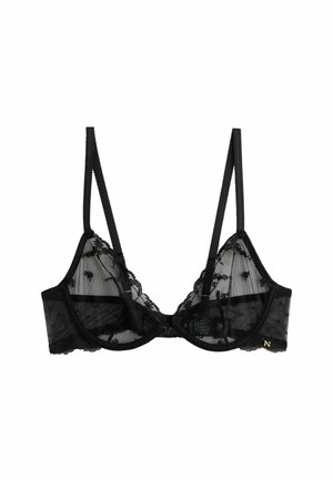 Black lace bra featuring sheer mesh cups with dotted pattern, adjustable straps, and a small golden logo detail on the side.