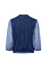 Blaues, transparents Blumenshirt mit langen, transparenten Ärmeln, elastischen Manschetten und gerafftem Taillenbund, von hinten gezeigt.