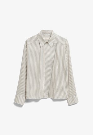 Smėlio spalvos ir baltos spalvos dryžuota ilgomis rankovėmis palaidinė su asimetriška užsegama priekyje ir smailiu apykakliu, pagaminta IVY OAK.