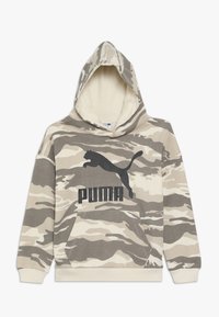 Felpa mimetica beige e grigia con grande logo nero Puma, tasca a marsupio e cappuccio con cordino. Materiale morbido in misto cotone.