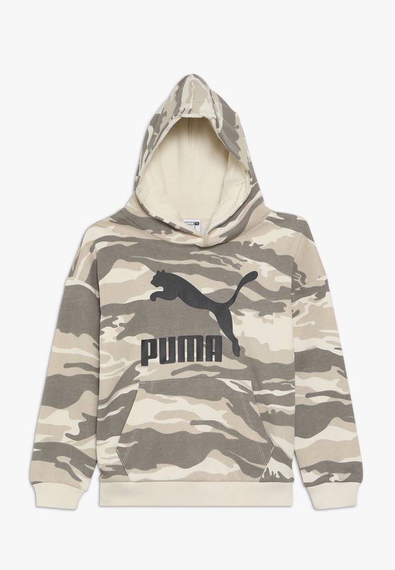 Felpa mimetica beige e grigia con grande logo nero Puma, tasca a marsupio e cappuccio con cordino. Materiale morbido in misto cotone.