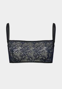 Navy-Blumenmuster-Spitzen-Bralette mit verstellbaren Trägern, glatter Textur und gewelltem Saum an den Kanten.