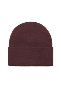 Dark brown knit beanie hat with a folded cuff, made of ribbed wool fabric, laid flat on a white background.