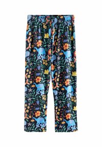 Marineblaue Hose mit elastischem Bund und Kordelzug, verziert mit bunten Blumen- und blauen Elefantenmustern.