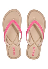Rosa Flip-Flops mit einem strukturierten Riemen und einer beigen Sohle. Der Markenname "BECO" ist in Rosa auf der Sohle aufgedruckt. Flaches Design.