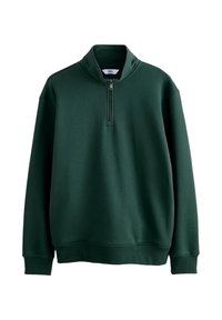 Pull-over vert foncé à manches longues avec une courte fermeture éclair à l'avant et un col montant, en tissu épais et lisse.