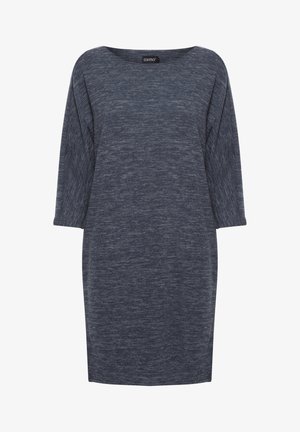 Mørkeblå, kortermet kjole med rund hals og avslappet passform. Laget av mykt, teksturert stoff med et subtilt melert mønster.
