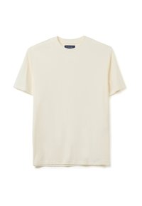 Crème katoenen t-shirt met een ronde hals en korte mouwen. Eenvoudig ontwerp, zachte textuur en rechte snit. Etiket zichtbaar op de halslijn.
