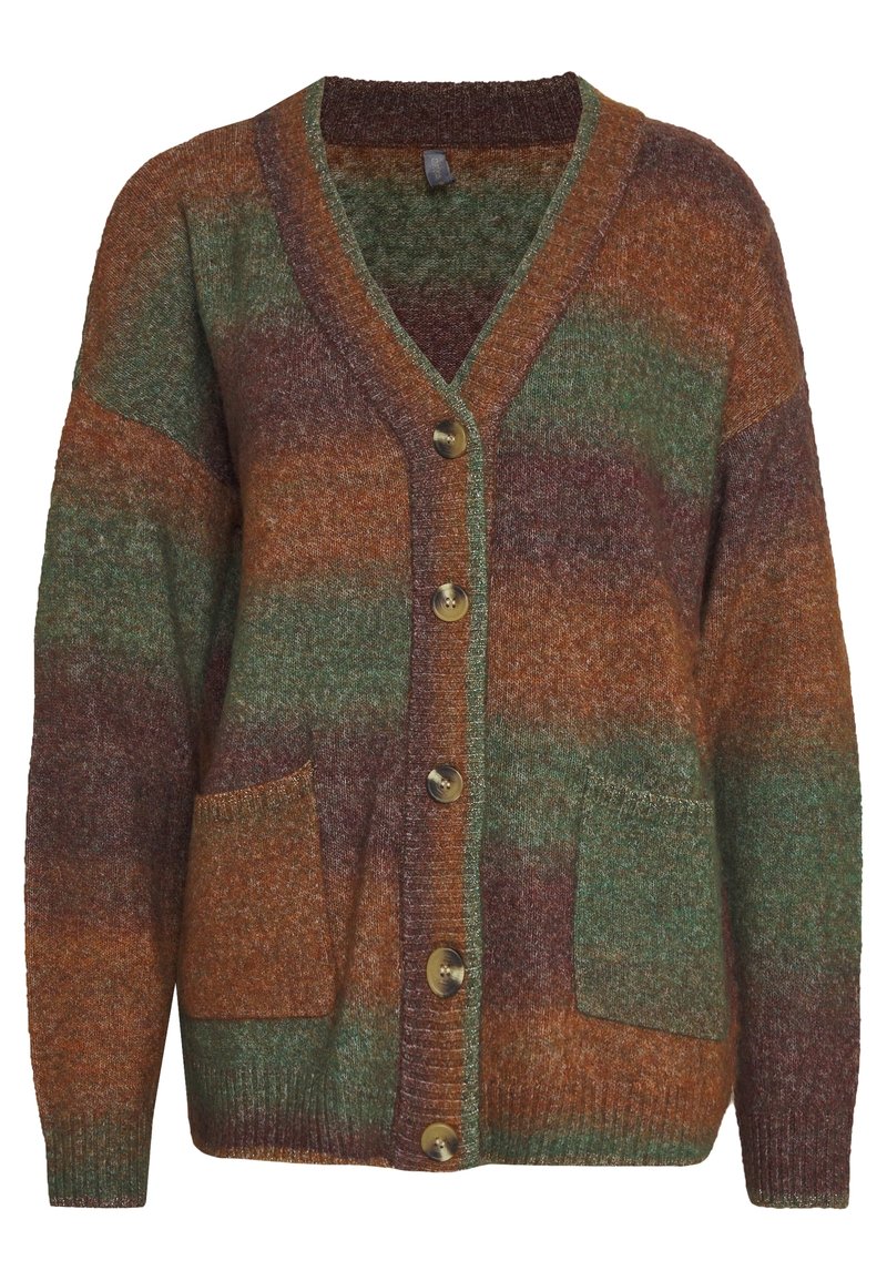 Kofta med v-ringning, flerfärgade ränder i grön, brun och vinröd, med stora knappar och två framfickor. Mjuk textur.