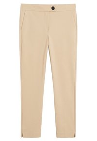 Jasno beżowe spodnie wykonane z gładkiego materiału o prostym kroju, z dwiema przednimi kieszeniami i zapięciem na pojedynczy czarny guzik.
