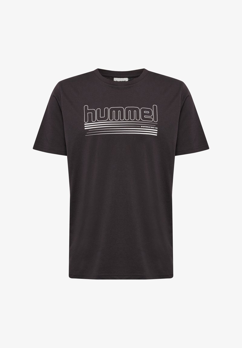 Czarna bawełniana koszulka z białym logo "hummel" z poziomymi liniami. Krótkie rękawy i okrągły dekolt. Gładka tekstura.