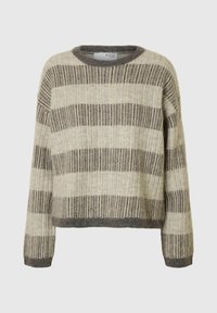 Pull en tricot à manches longues avec des rayures horizontales grises et beiges, texture côtelée, col rond et poignets et ourlet ajustés.