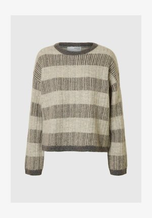 Langärmliger Strickpullover mit horizontalen grauen und beigen Streifen, gerippter Struktur, Rundhalsausschnitt und eng anliegendem Bündchen sowie Saum.