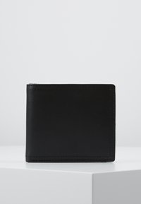 Black leather wallet with a rectangular shape, featuring smooth texture and visible stitching along the edges. Minimalist design, no accents.