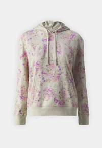 Hoodie met bloemenpatroon met een beige achtergrond en paarse en roze bloemen, met een trekkoordcapuchon en geborduurd "GAP" logo op de voorkant.