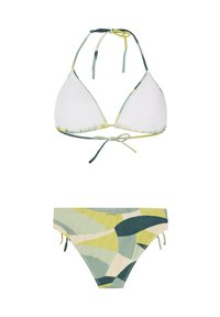 Dviejų dalių bikini komplektas, turintis baltą trikampį viršų su spalvotais ryšiais ir raštuotas apatinis trikotažas žalių, geltonų ir kreminės spalvos išgaubtų dizainų.