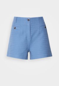 Pantalones cortos tejidos de color azul con cintura alta, dos bolsillos frontales y acentos decorativos de botones. Tela texturizada con un acabado suave.