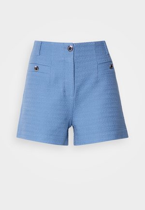 Blue woven shorts with a high waist, two front pockets, and decorative button accents. Textured fabric with a smooth finish.