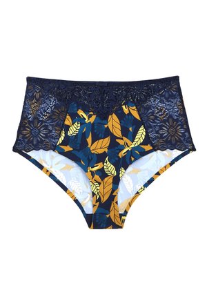 Culottes taille haute avec un motif floral en bleu, jaune et blanc. Ceinture en dentelle bleu marine avec des motifs floraux délicats. Tissu doux.